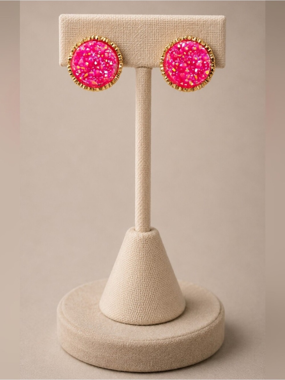 Pink Druzy Round Disc Stud Gold Tone Earrings